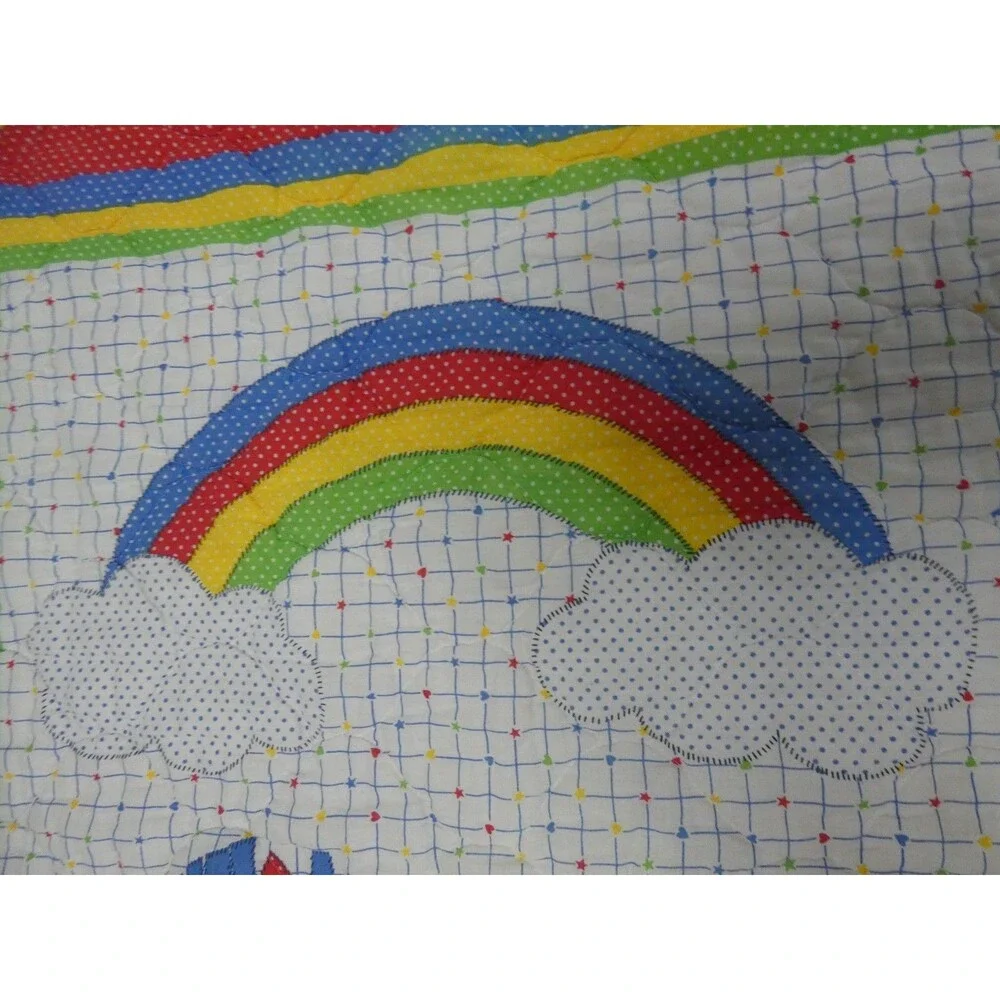 VTG Handmade Baby Blanket Quilt Nursery Rocking Horse Rainbow Ruffle 42